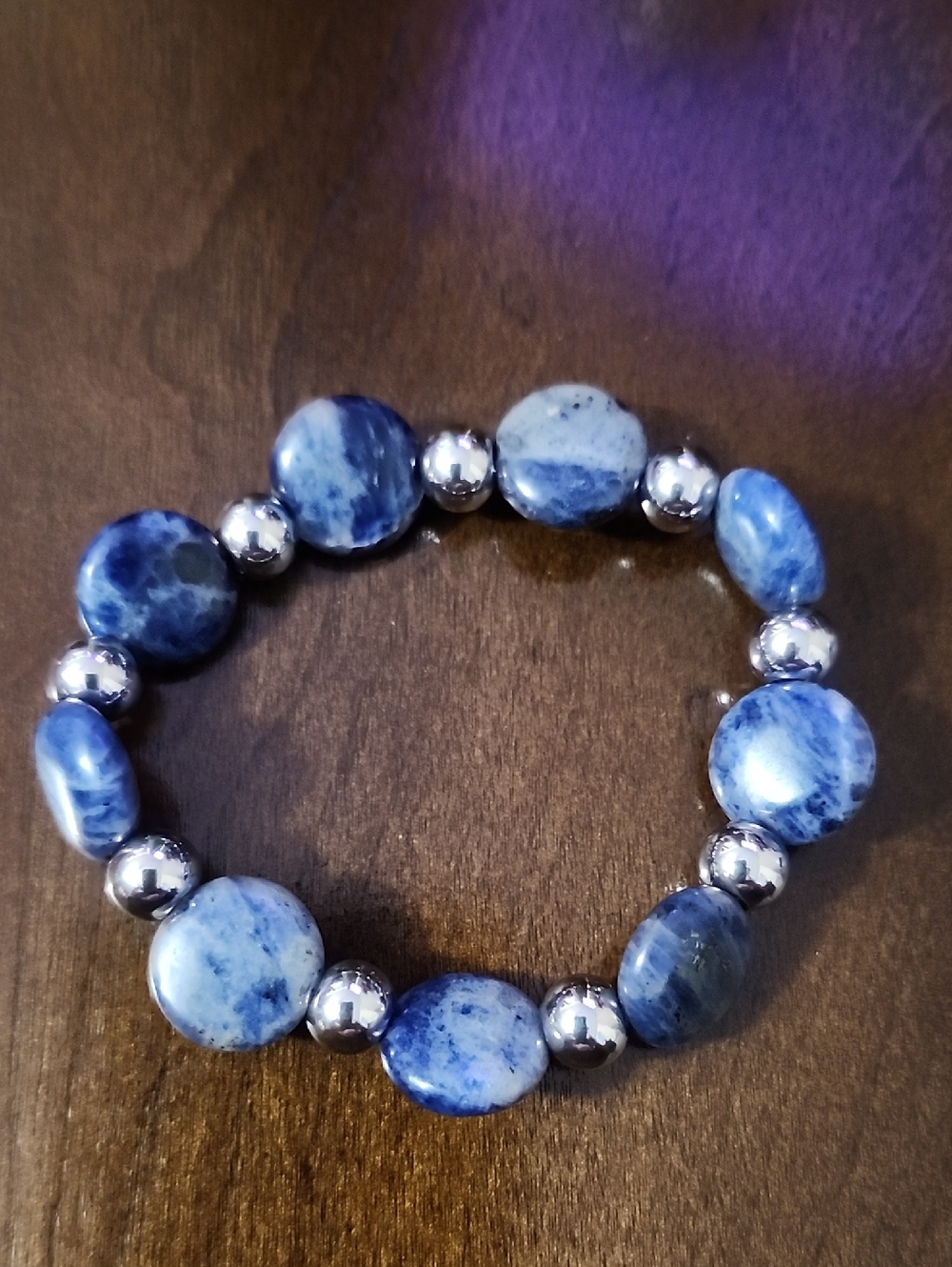 Handmade Blue Sodalite Stone And Silver Hematite Bracelet